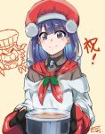  1girl chef_hat fate/grand_order fate_(series) hat highres martha_(fate) martha_(santa)_(fate) moninora oven_mitts pot purple_eyes purple_hair santa_hat signature smile tarrasque_(fate) yellow_background 