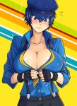  1girl blue_eyes blue_hair blue_headwear blue_shirt blush breasts cabbie_hat cleavage fingerless_gloves gloves hat highres kawa-v large_breasts necktie persona persona_4 persona_4:_dancing_all_night shiny shiny_hair shiny_skin shirogane_naoto shirt short_hair solo suspenders yellow_necktie 
