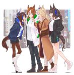  4girls absurdres alternate_costume animal_ears aqua_eyes bag black_hair blonde_hair blue_eyes blue_hair boots brown_footwear brown_hair brown_sweater daitaku_helios_(umamusume) ear_covers gold_city_(umamusume) handbag hands_in_pockets highres hood hoodie horse_ears horse_girl horse_tail jacket long_hair long_sleeves mejiro_palmer_(umamusume) multicolored_hair multiple_girls open_clothes open_jacket open_mouth pants pantyhose scarf shoes shorts silenxe streaked_hair sweater swimsuit tail tosen_jordan_(umamusume) twintails umamusume walking white_footwear white_hair white_hoodie white_pants white_swimsuit yellow_eyes 