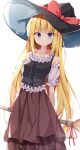 1girl :/ apron arms_behind_back backlighting bangs blonde_hair blue_eyes blunt_bangs blurry blush bokeh breasts broom collarbone depth_of_field detached_sleeves frown hat highres kuraaken long_hair looking_at_viewer original skirt small_breasts solo white_background witch witch_hat 