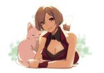  1girl absurdres bare_arms barefoot breasts brown_eyes brown_hair cat cleavage commentary feet_up grin highres looking_at_viewer lying meiko on_stomach short_hair sleeveless smile solo vocaloid wristband yen-mi 