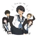  2boys arms_behind_back artist_logo bangs black_hair black_sailor_collar brown_hair chitanda_eru cropped_legs dark_skin eyebrows_visible_through_hair fukube_satoshi gakuran green_eyes hands_on_own_legs highres hyouka ibara_mayaka korean_text leaning_forward long_hair long_sleeves mery_(yangmalgage) multiple_boys multiple_girls neckerchief oohinata_tomoko oreki_houtarou pleated_skirt purple_eyes sailor_collar school_uniform serafuku shirt short_hair simple_background skirt smile translation_request white_background white_shirt 