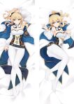  1girl ass_visible_through_thighs bangs bed_sheet belt blonde_hair blue_bow blue_capelet blush bow breasts capelet cleavage corset cross cross_earrings crotch_seam dakimakura_(medium) detached_sleeves earrings gauntlets genshin_impact gold_trim hair_bow head_tilt jean_(genshin_impact) jewelry large_breasts long_hair long_sleeves looking_at_viewer lying moeanime multicolored_capelet on_back open_mouth pants ponytail puffy_short_sleeves puffy_sleeves short_sleeves sidelocks smile solo spread_legs strapless tight tight_pants white_pants 