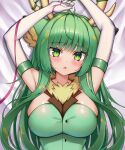 1girl :o animal_ears antlers armpits arms_up bangs blunt_bangs blush breasts cleavage commentary elbow_gloves english_commentary eyebrows_visible_through_hair fur_collar gloves green_eyes green_hair haruka_karibu highres indie_virtual_youtuber kaptivate large_breasts long_hair looking_at_viewer lying on_back parted_lips solo upper_body virtual_youtuber white_gloves 
