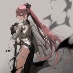  1girl armor black_gloves cape closed_mouth dust feet_out_of_frame fingerless_gloves gloves grey_cape highres hirooka_masaki katana long_hair looking_at_viewer original pink_eyes pink_hair ponytail single_bare_leg skindentation sword thigh_strap weapon 