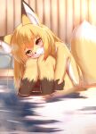  1girl absurdres animal_ear_fluff animal_ears bathing blonde_hair completely_nude fang fang_out fox_ears fox_girl fox_tail furry highres horokusa_(korai) hugging_own_legs korai_(horokusa) long_hair looking_at_viewer nude onsen original partially_submerged smile tail water wet 