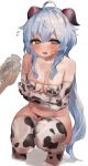  1girl absurdres ahoge animal_print areola_slip areolae bangs bare_shoulders bikini blue_hair blush breasts cleavage collarbone cow_print crying crying_with_eyes_open elbow_gloves embarrassed empty_eyes epi_zero eyebrows_visible_through_hair eyepatch_bikini flying_sweatdrops full_body ganyu_(genshin_impact) genshin_impact gloves highres holding holding_jar horns jar lactation lactation_through_clothes long_hair looking_at_viewer medium_breasts no_shoes print_bikini print_gloves purple_eyes self_hug sidelocks simple_background solo_focus squatting swimsuit tears thighhighs very_long_hair white_background white_bikini white_gloves white_legwear 