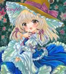  1girl :d blonde_hair blue_skirt blue_vest breasts brown_hair brown_headwear cowboy_shot eyebrows_visible_through_hair frilled_hat frilled_ribbon frilled_skirt frilled_sleeves frills green_background hair_ribbon hat hat_ribbon juliet_sleeves leaf leaf_background long_hair long_sleeves looking_at_viewer marker_(medium) medium_breasts moriya_suwako open_mouth pink_ribbon puffy_sleeves red_eyes ribbon rui_(sugar3) sample shirt skirt skirt_set sleeveless small_breasts smile solo touhou traditional_media vest white_shirt wide_sleeves 