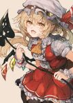  1girl ascot bangs banned_artist belt black_legwear blonde_hair blush bow breasts buttons center_frills crystal fangs flandre_scarlet frilled_shirt frilled_shirt_collar frilled_skirt frills hat hat_ribbon laevatein_(touhou) mob_cap one_side_up open_mouth puffy_short_sleeves puffy_sleeves red_bow red_ribbon red_skirt red_vest ribbon shirt short_hair short_sleeves simple_background skirt solo teeth thighhighs tongue touhou upper_teeth vest white_background white_shirt wings wrist_cuffs yellow_ascot yellow_eyes zairen 