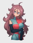 android_21 blue_eyes breasts checkered_clothes checkered_dress dragon_ball dragon_ball_fighterz dress earrings glasses grey_background hair_between_eyes hoop_earrings jewelry kemachiku large_breasts long_hair looking_at_viewer red_hair simple_background 