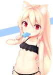  1girl animal_ear_fluff animal_ears bangs bikini binsen black_bikini blonde_hair blush collarbone dripping eating eyebrows_visible_through_hair food food_on_body frilled_bikini frills halter_top halterneck ice_cream long_hair melting navel original popsicle red_eyes side-tie_bikini simple_background solo swimsuit tail 