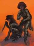  2girls absurdres blue_eyes bodysuit brown_hair cape dark_skin desert dune_(series) english_commentary fremen glowing glowing_eyes highres holding holding_knife knife looking_at_viewer multiple_girls orange_background planetapolilla reverse_grip science_fiction skin_tight squatting stillsuit 