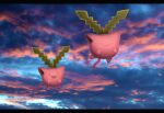  :d absurdres cloud commentary_request flying highres hoppip no_humans open_mouth outdoors pokemon pokemon_(creature) sky smile tongue twilight yellow_eyes zero_artbox 