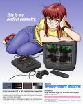  1980s_(style) 1girl belt breasts commentary controller converse crt denim english_commentary english_text full_body game_console game_controller glasses head_rest jeans jose_salot leaning_on_object medium_breasts orange_eyes original pants red_hair remote_control retro_artstyle sega_mega_drive shirt shoes sitting smile sneakers solo sony t-shirt television twitter_username watch web_address wristwatch yellow_shirt yokozuwari 