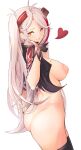  1girl ass azur_lane bangs black_legwear bottomless breasts collar collared_jacket heart highres inverted_nipples jacket large_breasts licking_lips looking_at_viewer looking_to_the_side microphone mole mole_on_breast naughty_face no_bra no_panties orange_eyes prinz_eugen_(azur_lane) prinz_eugen_(final_lap)_(azur_lane) race_queen solo thighhighs tongue tongue_out twintails white_hair yusha_m 