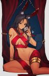  1girl absurdres alcohol animal_ear_fluff animal_ears bangs black_hair blue_eyes bracelet breasts cleavage criss-cross_halter cup dark-skinned_female dark_skin distr drinking_glass groin halterneck highres holding holding_cup jewelry large_breasts looking_at_viewer navel original rabbit_ears revealing_clothes solo wine wine_glass 