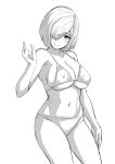  1girl 30-06 arm_up blush breasts cleavage greyscale hair_ornament hairclip hamakaze_(kancolle) highres kantai_collection large_breasts looking_at_viewer monochrome navel one_eye_covered short_hair smile standing string_bikini white_background 