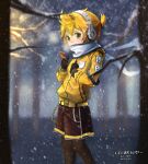  1boy bare_tree bass_clef beamed_eighth_notes black_gloves black_legwear blonde_hair celareim coat covered_mouth eighth_note english_commentary english_text feet_out_of_frame gloves gloves_removed green_eyes hair_between_eyes hair_ornament headphones highres holding holding_phone kagamine_len long_sleeves looking_at_object looking_at_phone male_focus musical_note musical_note_hair_ornament night outdoors pantyhose phone scarf short_hair shorts snow solo tree vocaloid white_scarf winter_clothes yellow_belt yellow_coat 