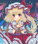  1girl :o blonde_hair collared_shirt crystal dark_background eyebrows_visible_through_hair flandre_scarlet frilled_hat frilled_ribbon frilled_shirt_collar frilled_skirt frills hair_between_eyes hat hat_ribbon long_hair looking_at_viewer marker_(medium) mob_cap open_mouth puffy_short_sleeves puffy_sleeves rainbow_order red_eyes red_ribbon red_skirt red_vest ribbon rui_(sugar3) sample shirt short_sleeves side_ponytail skirt skirt_set solo touhou traditional_media vest white_headwear white_shirt wings wrist_cuffs 