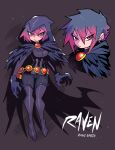  1girl absurdres bangs black_hair breasts cape character_name closed_mouth commentary dc_comics earrings elbow_gloves eyebrows_visible_through_hair feathered_cape full_body gloves gradient_hair highres jewelry leotard looking_at_viewer medium_breasts multicolored_hair pantyhose purple_gloves rariatto_(ganguri) raven_(dc) red_eyes red_hair short_hair solo standing teen_titans thighhighs two-tone_hair v-shaped_eyebrows 