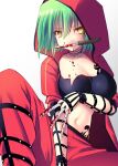  1girl bangs between_fingers blood blood_in_hair blood_on_breasts blood_on_face blood_on_knife breasts cleavage eyebrows_visible_through_hair green_hair hair_between_eyes hikage_(senran_kagura) hood hood_up knife large_breasts mouth_hold navel nnmi11 pants red_pants senran_kagura short_hair simple_background solo tattoo white_background yellow_eyes 