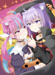  2girls ahoge animal_ear_fluff animal_ears blue_hair blush candy cat_ears choker colored_inner_hair commentary_request food halloween hololive hood ichimi jack-o&#039;-lantern long_hair long_sleeves minato_aqua multicolored_hair multiple_girls nekomata_okayu pink_eyes pink_hair purple_eyes purple_hair short_hair sparkle twintails two-tone_hair upper_body virtual_youtuber yuri 