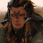  1boy artist_name au_ra black_hair braid colored_sclera commentary dragon_horns final_fantasy final_fantasy_xiv frischenq fur_trim glowing glowing_eyes grey_sclera hair_slicked_back horns long_hair looking_to_the_side magnai_oronir male_focus multicolored_hair multiple_horns orange_hair portrait scales side_braids signature solo streaked_hair v-shaped_eyebrows yellow_eyes 