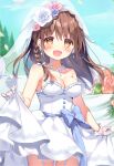  1girl :d bangs bare_shoulders blue_bow blue_flower blue_rose blue_sky blush bow braid breasts bridal_veil brown_eyes brown_hair cleavage collarbone commentary_request day dress earrings eyebrows_visible_through_hair flower flower_earrings frilled_dress frills garter_straps gloves hair_between_eyes hair_flower hair_ornament jewelry long_hair medium_breasts original outdoors pan_(mimi) pink_flower pink_rose rose see-through single_braid skirt_hold sky smile solo strapless strapless_dress veil wedding_dress white_dress white_flower white_gloves white_rose 