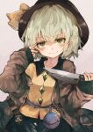  &gt;:) 1girl banned_artist black_headwear blush brown_jacket collared_shirt commentary_request eyeball frilled_shirt_collar frills green_eyes green_hair green_skirt hat hat_ribbon holding holding_knife jacket knife komeiji_koishi long_sleeves looking_at_viewer pointy_ears ribbon shirt skirt smile solo third_eye touhou v-shaped_eyebrows wavy_hair wide_sleeves yellow_ribbon yellow_shirt zairen 
