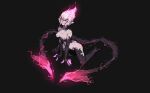  1girl bangs bare_shoulders black_background black_cape black_gloves boots breasts cape claws collarbone elbow_gloves english_commentary evelynn_(league_of_legends) eyebrows_visible_through_hair gloves grey_hair grin hair_up half-closed_eyes heart high_heel_boots high_heels highres kneeling league_of_legends legs_apart magic medium_breasts nipples pale_skin pink_hair pointy_ears shiny shiny_skin shuuko_(s_h_uuko) smile solo teeth thigh_boots thighhighs 