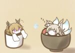  2girls anchorage_(azur_lane) animal_ear_fluff azur_lane blonde_hair blue_butterfly bug butterfly chibi closed_eyes cup hair_between_eyes in_container in_cup kitsune koti multiple_girls multiple_tails purple_eyes shinano_(azur_lane) simple_background sleeping tail twintails very_long_sleeves white_tail yellow_background zzz 