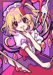  1girl :d bangs blonde_hair blush cowboy_shot eyebrows_visible_through_hair flandre_scarlet fork hat heart heart-shaped_pupils highres knife kyouda_suzuka long_hair looking_at_viewer mob_cap one_side_up open_mouth pink_background puffy_short_sleeves puffy_sleeves purple_background purple_eyes red_nails red_neckwear red_skirt red_vest shirt short_sleeves skirt skirt_set smile solo standing striped striped_background symbol-shaped_pupils teeth touhou twitter_username two-tone_background upper_teeth vest white_headwear white_shirt wings 