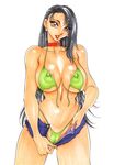  areolae azuki_kurenai bikini black_hair breasts cameltoe collar covered_nipples denim denim_shorts earrings green_bikini highres hips huge_breasts jewelry legs lips long_hair looking_at_viewer naughty_face navel orange_eyes panties parted_lips shiny short_shorts shorts smile solo swimsuit teasing thighs thong underwear undressing unzipped 