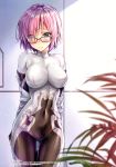  1girl absurdres arms_behind_back bangs blush bodysuit breasts cosplay covered_collarbone covered_navel eyebrows_visible_through_hair fate/grand_order fate_(series) fingerless_gloves fingernails glasses gloves highres indoors kotatsu_(kotatsu358) looking_to_the_side mash_kyrielight medium_breasts off_shoulder pink_hair purple_eyes qin_liangyu_(fate) qin_liangyu_(fate)_(cosplay) scan shiny shiny_hair shiny_skin short_hair skin_tight solo 