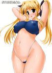  adjusting_hair arms_behind_head blonde_hair blush breasts brown_eyes cameltoe clitoris_slip covered_nipples curvy fate_testarossa highleg highleg_panties highres impossible_clothes impossible_shirt large_breasts long_hair lyrical_nanoha mahou_shoujo_lyrical_nanoha_strikers micro_panties panties pussy pussy_peek raidon ribbon shirt solo thong twintails underwear wet 