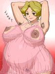  areola areolae armpit_hair arms_behind arms_behind_back blonde_hair breasts huge_breasts jewelry lingerie mature necklace nippleless_clothes nippleless_clothing oekaki pregnant see-through tenseiani translated uncensored underwear 