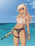  abs animal_ears assault_rifle bare_shoulders belt black_panties blonde_hair blue_eyes breasts bushmaster_acr covered_nipples dark_skin day eotech foxhound220 gun long_hair masada_acr medium_breasts midriff navel nipples original panties rifle see-through sky solo tail tank_top thigh_strap toned underwear watch water weapon wolf wolf_ears wolf_tail wristwatch 