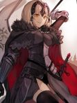  ahoge armor armored_dress bangs black_dress breasts cape chains commentary_request dress eyebrows_visible_through_hair fate/apocrypha fate/grand_order fate_(series) flag fur-trimmed_cape fur_collar fur_trim gauntlets headpiece highres jeanne_d&#039;arc_(alter)_(fate) jeanne_d&#039;arc_(fate)_(all) large_breasts ririkonosukee short_hair silver_hair sword thighhighs tsurime weapon yellow_eyes 