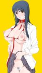  blush breasts brown_eyes collar copyright_request grey_hair highres large_breasts leash miito_shido nippleless_clothes nipples open_clothes open_shirt panties pubic_hair see-through shirt skindentation skirt solo sweat underwear white_shirt 