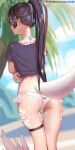  1girl ahnei anus artist_name ass back bikini bikini_under_clothes black_hair black_shirt blurry blurry_background cameltoe day dragon dragon_girl dragon_tail from_behind highres long_hair looking_at_viewer looking_back monster_girl_encyclopedia outdoors palm_tree ponytail scales see-through shirt side-tie_bikini skindentation solo sparkle swimsuit t-shirt tail thigh_gap thigh_strap thighs tree very_long_hair white_bikini 