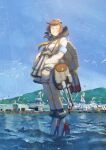  1girl absurdres adapted_turret armband binoculars bird black_legwear blue_sky brown_hair building cannon closed_eyes compass_rose crane_(machine) day dress english_commentary full_body high_heels highres kantai_collection long_sleeves nazca_lines neckerchief outdoors rigging rudder_footwear sailor_dress seagull short_hair sky socks solo speaking_tube_headset standing standing_on_liquid torpedo torpedo_launcher united_nations ye_fan yellow_neckerchief yukikaze_(kancolle) 