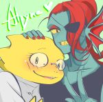  absurd_res alphys animal_humanoid blue_body blue_skin blush blush_lines cana_(artist) clothing coat dinosaur duo ear_fins eye_patch eyewear female fin fish fish_humanoid gills glasses hair hi_res humanoid lab_coat looking_at_viewer marine marine_humanoid peace_(disambiguation) red_hair reptile scalie sharp_teeth teeth topwear undertale_(series) undyne yellow_body yellow_sclera yellow_skin yellow_teeth 