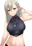  1girl absurdres armpits asymmetrical_bangs bangs bare_shoulders belt black_belt blush breasts bustier choker dobure18 dog_tags ear_piercing earrings green_eyes grey_hair hair_flip highres jewelry looking_at_viewer medium_breasts midriff miyu_ottavia multicolored_hair navel necklace nijisanji nijisanji_id official_alternate_costume parted_lips piercing pink_choker pink_hair simple_background smile solo streaked_hair tattoo white_background 