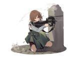  1girl blood blood_on_clothes blood_on_face brown_eyes brown_hair bullet bullpup dress duoyuanjun firing girls&#039;_frontline green_dress gun gunslinger_girl handgun henrietta_(gunslinger_girl) holster holstered_weapon knife official_art p90 pinafore_dress pistol shirt short_hair sig_sauer sig_sauer_p239 skirt solo squatting submachine_gun torn_clothes torn_skirt transparent_background weapon white_shirt 