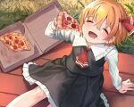  1girl :d black_skirt black_vest blonde_hair blush closed_eyes collared_shirt commentary drooling english_commentary fang food food_on_face hair_between_eyes hair_ribbon holding holding_food long_sleeves mouth_drool open_mouth pizza pizza_box pizza_slice red_ribbon ribbon roke_(taikodon) rumia shirt short_hair sitting skirt smile solo touhou vest white_shirt 