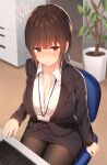  1girl bangs black_jacket blazer blurry blurry_background blush breasts brown_hair brown_legwear chair cleavage dress_shirt eyebrows_visible_through_hair formal highres indoors jacket keyboard_(computer) lanyard large_breasts long_hair looking_at_viewer low_twintails nose_blush office_chair office_lady original pantyhose pencil_skirt plant potted_plant red_eyes shirt sitting skirt skirt_suit solo suit sune_(mugendai) sweat twintails 