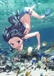  1girl absurdres ass bikini black_hair blue_bikini blue_eyes diving_mask diving_mask_on_head fins fish flippers freediving goggles goggles_on_head highres long_hair open_mouth original snorkel solo swimsuit underwater xkirara39x 