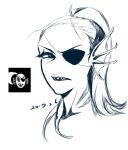  2019 animal_humanoid cana_(artist) ear_fins eye_patch eyewear female fin fish fish_humanoid gills hair headshot_portrait hi_res humanoid looking_at_viewer marine marine_humanoid monochrome ponytail portrait sharp_teeth simple_background solo teeth undertale_(series) undyne 