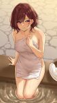  1girl bare_hips bare_shoulders bathhouse breasts covered_navel covered_nipples highres higuchi_madoka idolmaster idolmaster_shiny_colors kirou_(kiruyuu1210) looking_at_viewer naked_towel nude purple_eyes red_hair soaking_feet thighs towel 