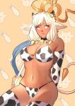  1girl absurdres animal_ears animal_print ash_(fire_emblem) bell bikini black_horns breasts brown_eyes choker cow_ears cow_girl cow_horns cow_print cowbell cowboy_shot dark-skinned_female dark_skin ear_piercing elbow_gloves fire_emblem fire_emblem_heroes gloves highres holding holding_staff horns navel piercing pout pouty_lips shynrinn silver_hair staff swimsuit thighhighs 